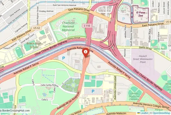 Close-up map showing a border crossing point with marker at the selected land port of entry between United States and Mexico