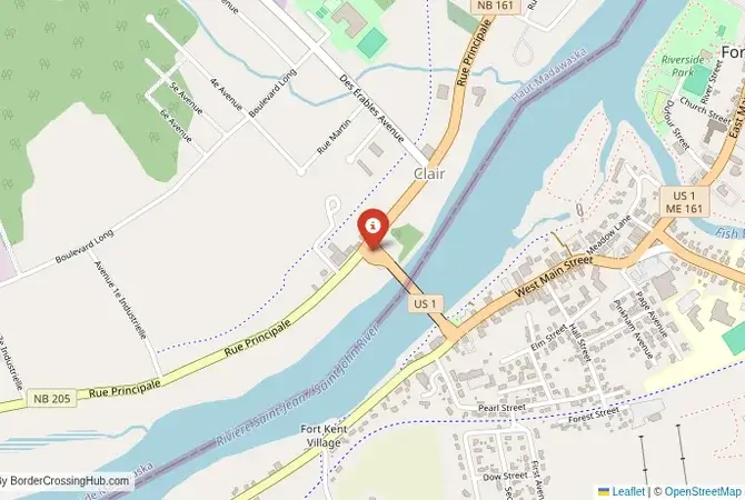 Close-up map showing a border crossing point with marker at the selected land port of entry between United States and Canada
