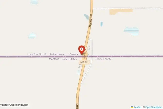 Close-up map showing a border crossing point with marker at the selected land port of entry between United States and Canada