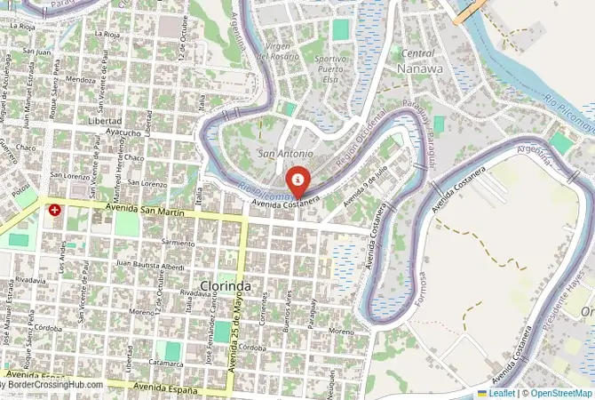 Close-up map showing a border crossing point with marker at the selected land port of entry between Argentina and Paraguay