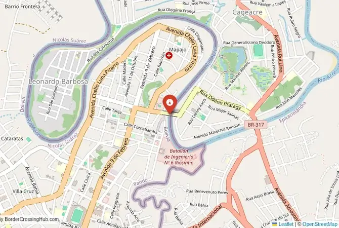 Close-up map showing a border crossing point with marker at the selected land port of entry between Brazil and Bolivia
