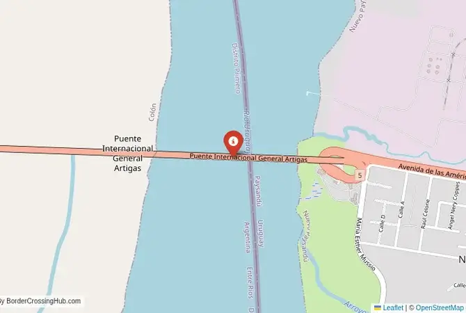 Close-up map showing a border crossing point with marker at the selected land port of entry between Argentina and Uruguay