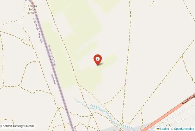 Close-up map showing a border crossing point with marker at the selected land port of entry between Bolivia and Chile