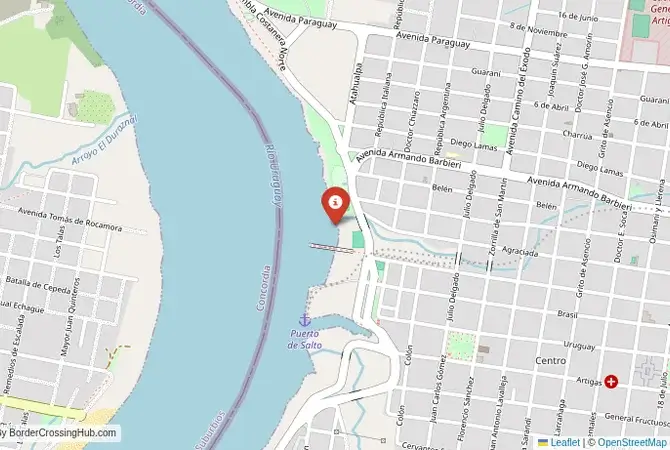 Close-up map showing a border crossing point with marker at the selected land port of entry between Argentina and Uruguay