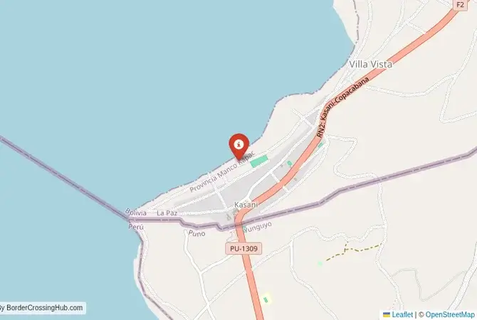 Close-up map showing a border crossing point with marker at the selected land port of entry between Bolivia and Peru