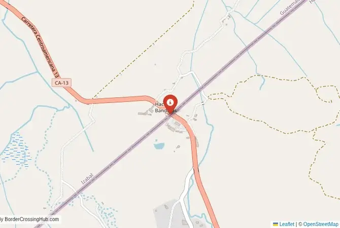 Close-up map showing a border crossing point with marker at the selected land port of entry between Guatemala and Honduras