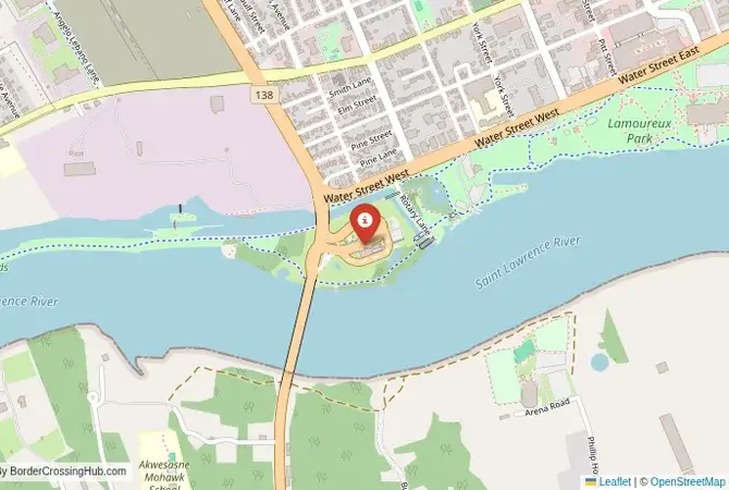 Close-up map showing a border crossing point with marker at the selected land port of entry between United States and Canada