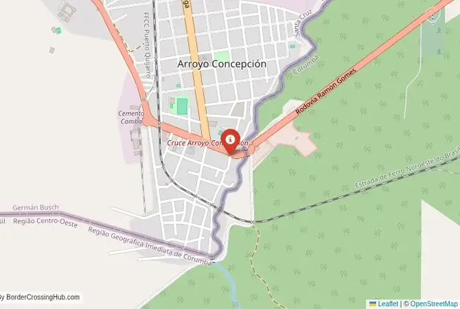 Close-up map showing a border crossing point with marker at the selected land port of entry between Brazil and Bolivia