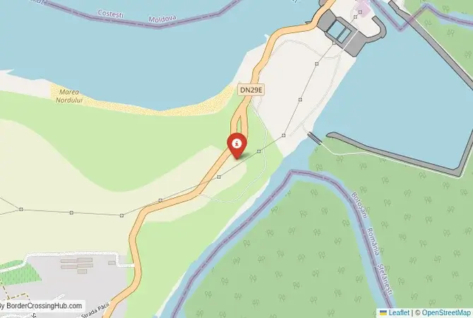 Close-up map showing a border crossing point with marker at the selected land port of entry between Moldova and Romania