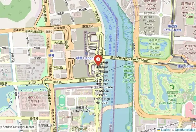 Close-up map showing a border crossing point with marker at the selected land port of entry between Macau and China