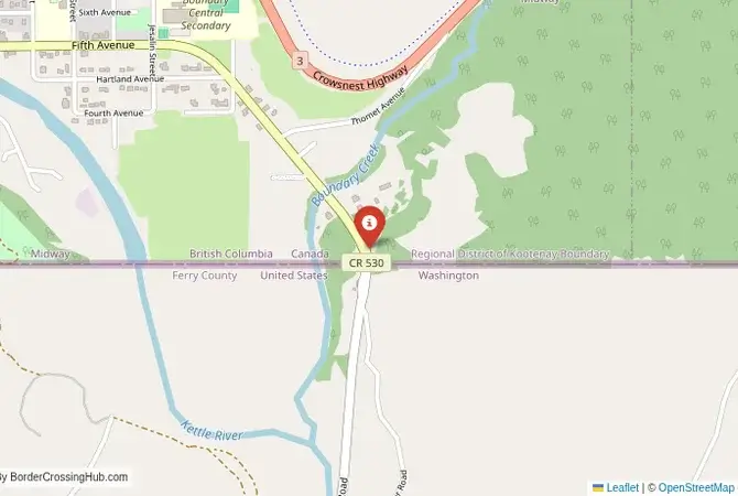 Close-up map showing a border crossing point with marker at the selected land port of entry between United States and Canada