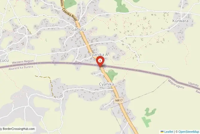 Close-up map showing a border crossing point with marker at the selected land port of entry between Rwanda and Uganda