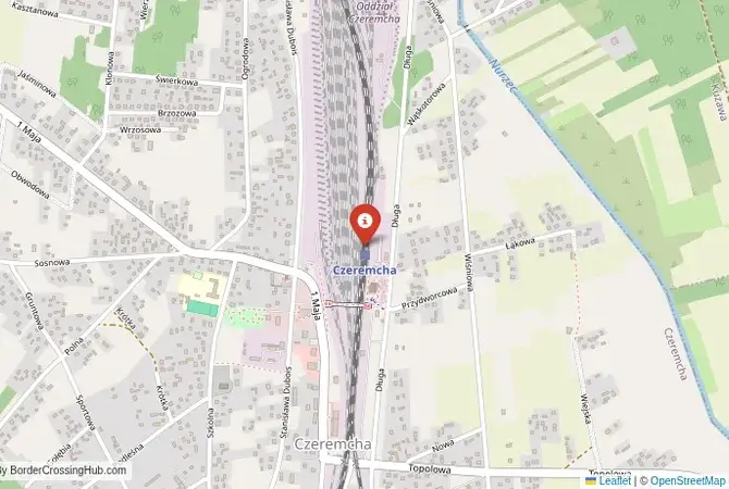 Close-up map showing a border crossing point with marker at the selected land port of entry between Belarus and Poland