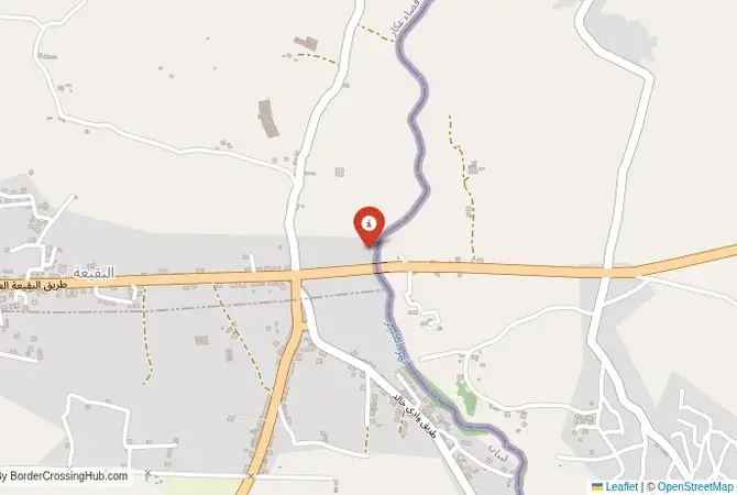 Close-up map showing a border crossing point with marker at the selected land port of entry between Lebanon and Syria