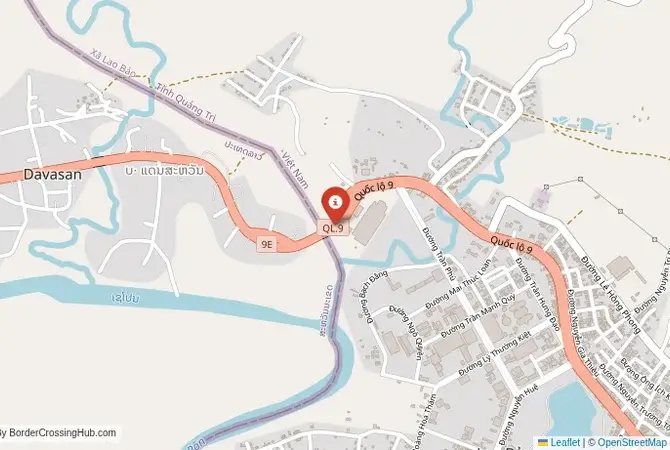 Close-up map showing a border crossing point with marker at the selected land port of entry between Vietnam and Laos
