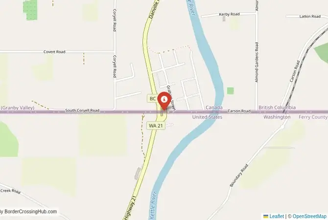 Close-up map showing a border crossing point with marker at the selected land port of entry between United States and Canada