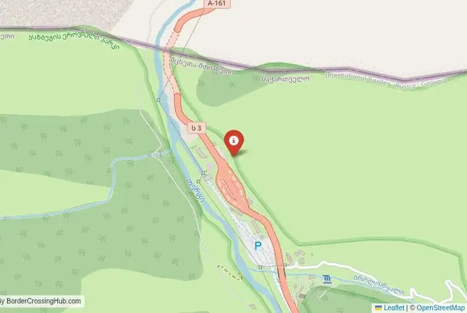 Close-up map showing a border crossing point with marker at the selected land port of entry between Russia and Georgia