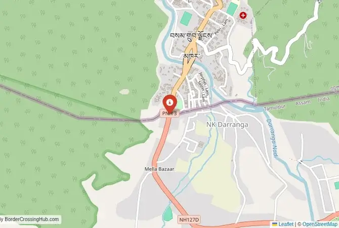 Close-up map showing a border crossing point with marker at the selected land port of entry between Bhutan and India
