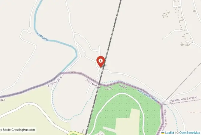 Close-up map showing a border crossing point with marker at the selected land port of entry between Bangladesh and India