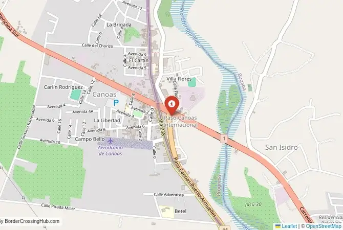 Close-up map showing a border crossing point with marker at the selected land port of entry between Costa Rica and Panama