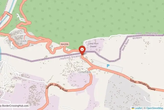 Close-up map showing a border crossing point with marker at the selected land port of entry between Bangladesh and India