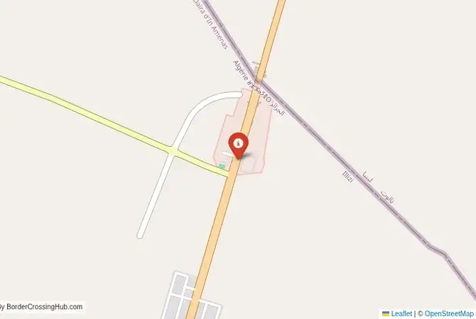 Close-up map showing a border crossing point with marker at the selected land port of entry between Libya and Algeria