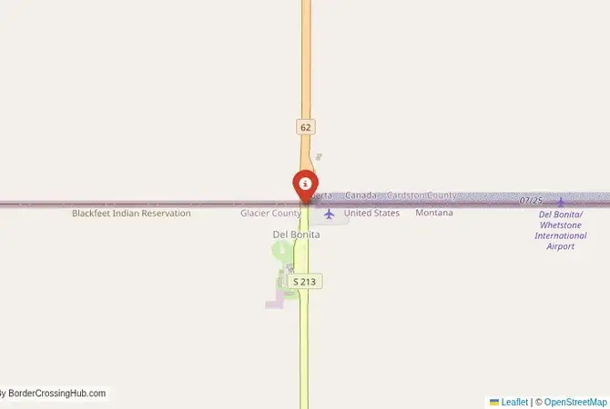 Close-up map showing a border crossing point with marker at the selected land port of entry between United States and Canada