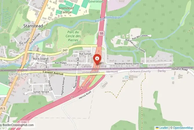 Close-up map showing a border crossing point with marker at the selected land port of entry between United States and Canada