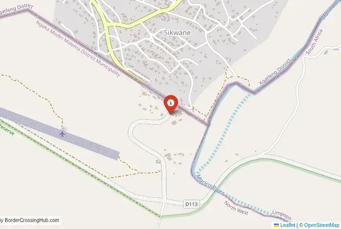 Close-up map showing a border crossing point with marker at the selected land port of entry between Botswana and South Africa