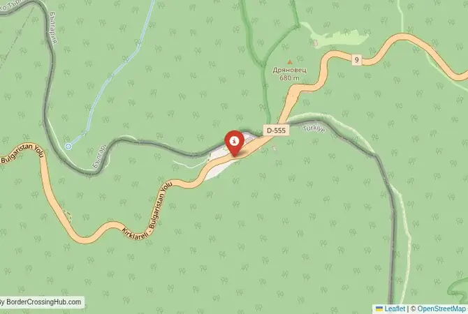 Close-up map showing a border crossing point with marker at the selected land port of entry between Bulgaria and Turkey