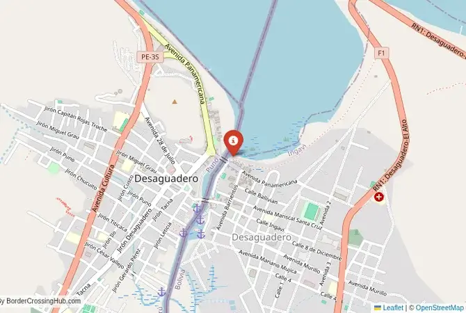Close-up map showing a border crossing point with marker at the selected land port of entry between Bolivia and Peru