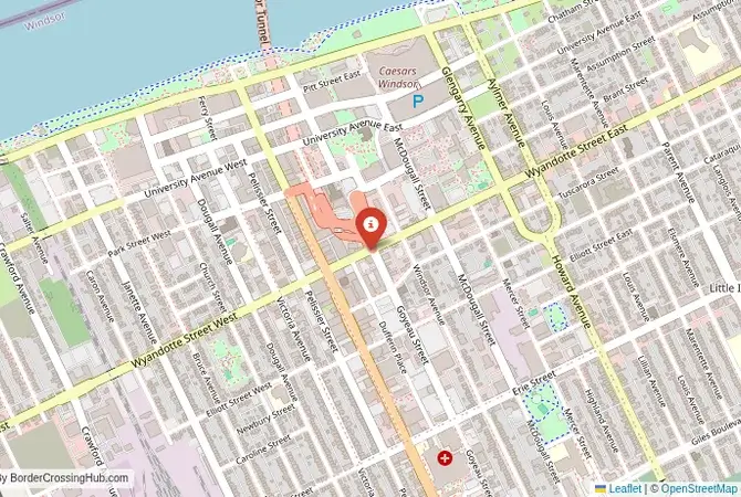 Close-up map showing a border crossing point with marker at the selected land port of entry between United States and Canada