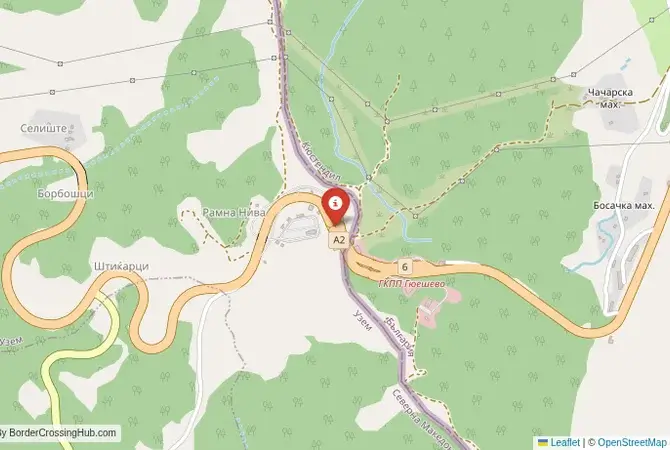 Close-up map showing a border crossing point with marker at the selected land port of entry between North Macedonia and Bulgaria