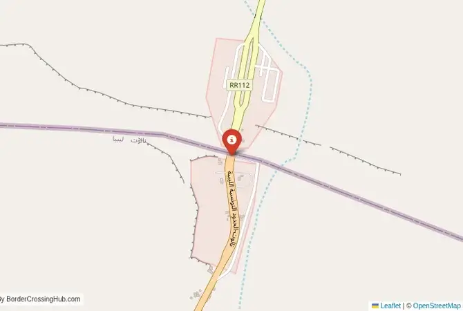 Close-up map showing a border crossing point with marker at the selected land port of entry between Tunisia and Libya