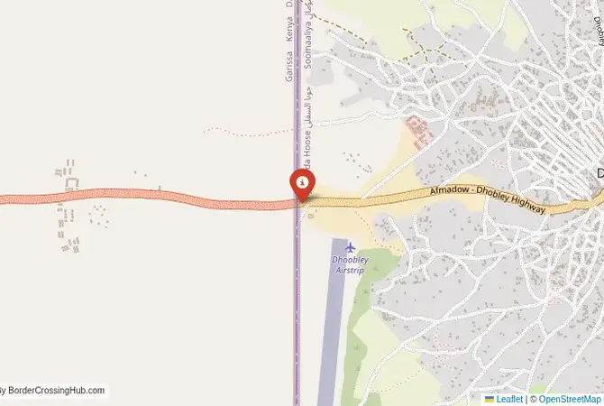 Close-up map showing a border crossing point with marker at the selected land port of entry between Somalia and Kenya