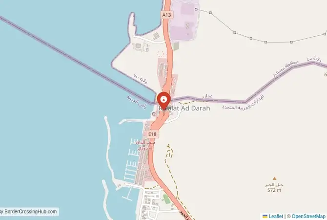 Close-up map showing a border crossing point with marker at the selected land port of entry between United Arab Emirates and Oman
