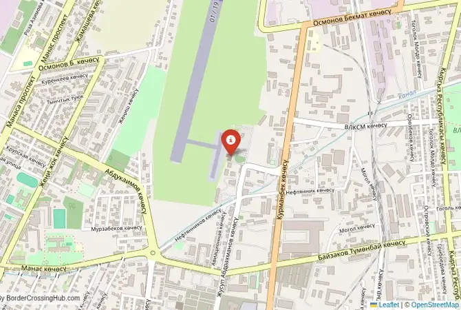 Close-up map showing a border crossing point with marker at the selected land port of entry between Uzbekistan and Kyrgyzstan