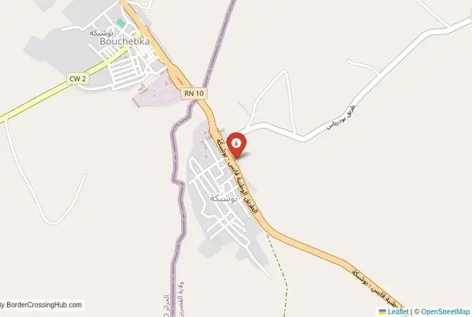 Close-up map showing a border crossing point with marker at the selected land port of entry between Algeria and Tunisia