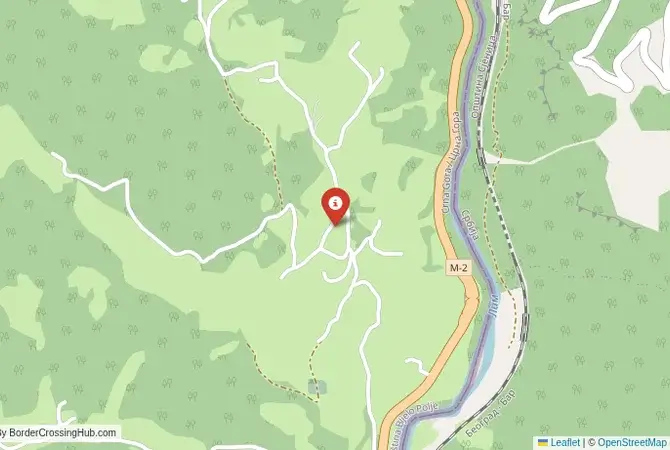 Close-up map showing a border crossing point with marker at the selected land port of entry between Montenegro and Serbia