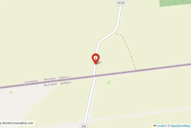 Close-up map showing a border crossing point with marker at the selected land port of entry between Bulgaria and Romania