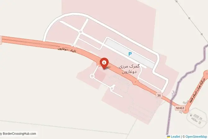 Close-up map showing a border crossing point with marker at the selected land port of entry between Iran and Afghanistan