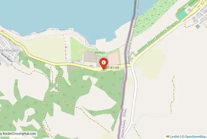 Close-up map showing a border crossing point with marker at the selected land port of entry between North Macedonia and Greece