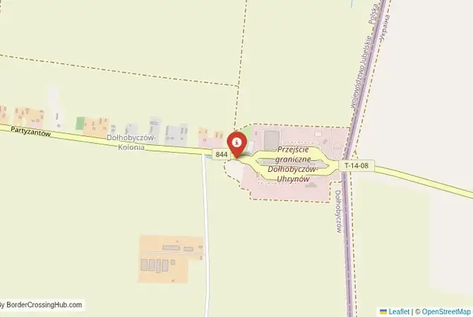 Close-up map showing a border crossing point with marker at the selected land port of entry between Ukraine and Poland