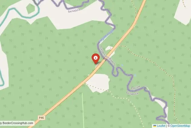 Close-up map showing a border crossing point with marker at the selected land port of entry between Belarus and Russia