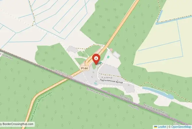 Close-up map showing a border crossing point with marker at the selected land port of entry between Belarus and Ukraine