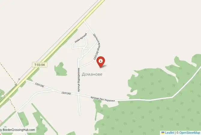 Close-up map showing a border crossing point with marker at the selected land port of entry between Belarus and Ukraine