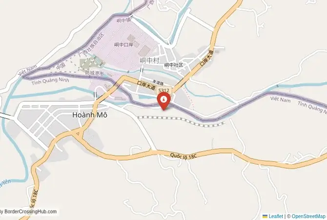 Close-up map showing a border crossing point with marker at the selected land port of entry between Vietnam and China