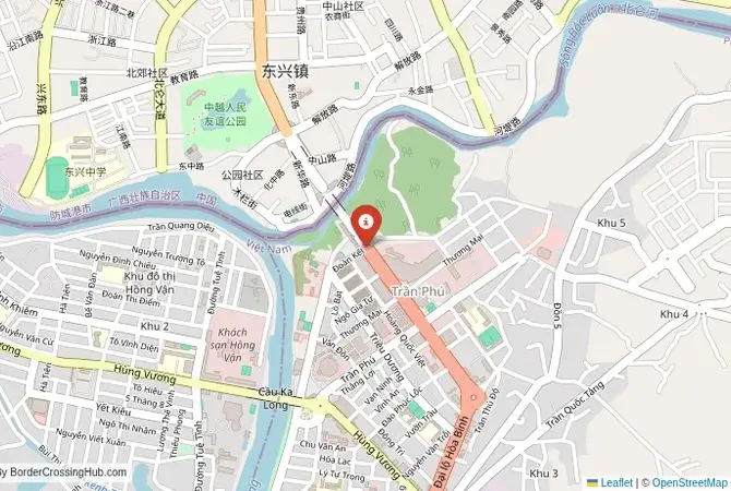 Close-up map showing a border crossing point with marker at the selected land port of entry between Vietnam and China