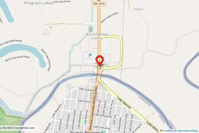 Close-up map showing a border crossing point with marker at the selected land port of entry between United States and Mexico