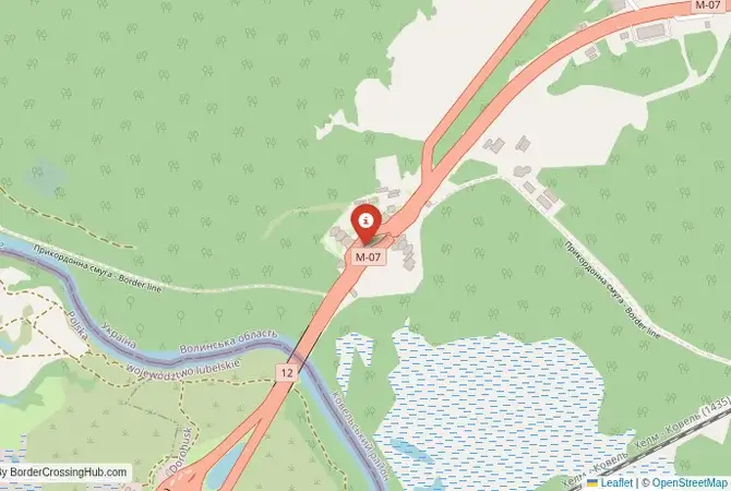 Close-up map showing a border crossing point with marker at the selected land port of entry between Ukraine and Poland